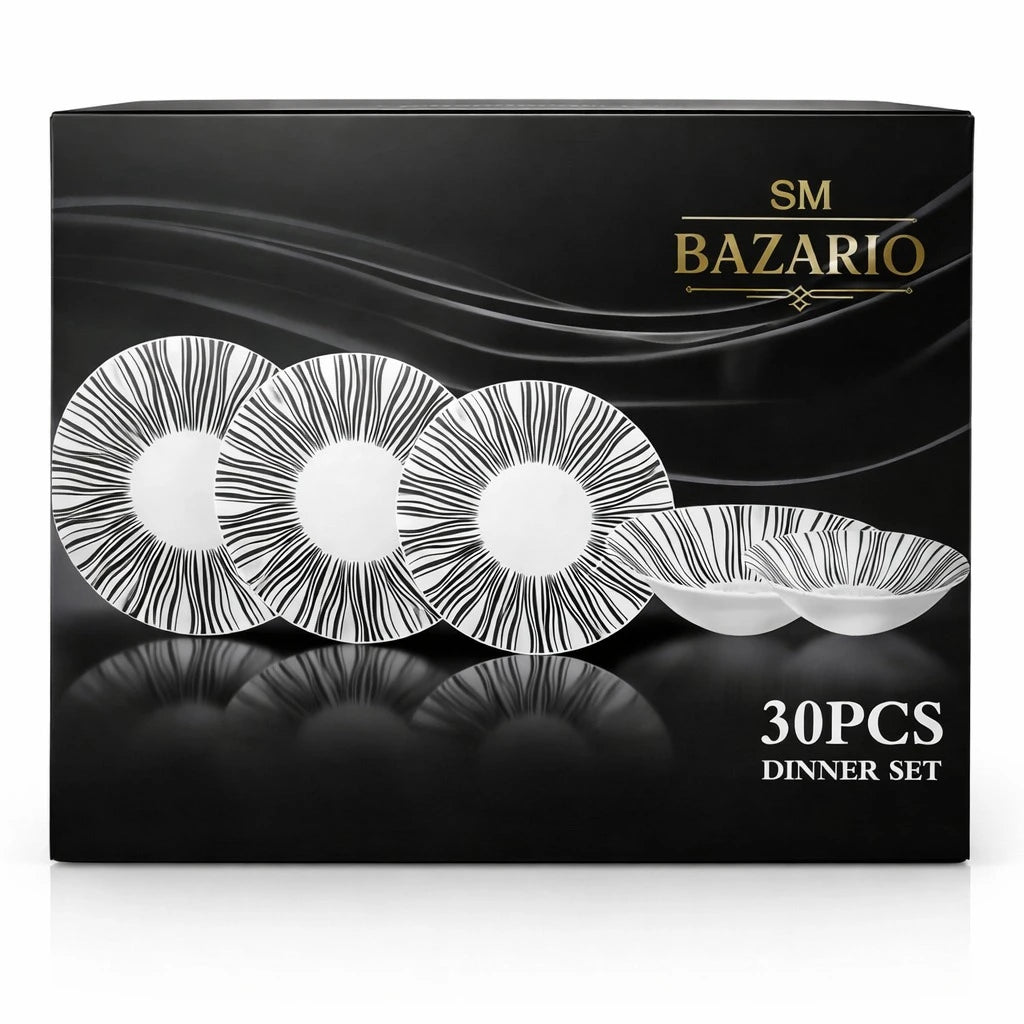 Dinnerware Set 30 Pieces Black White Radial Stripe Porcelain Soup Plates Salad Bowls Ramadan Tableware