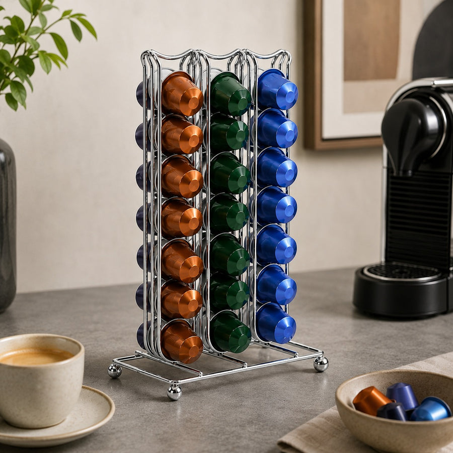 42 Capsule Coffee Pod Holder Nespresso Compatible Vertical Chrome Storage Organizer