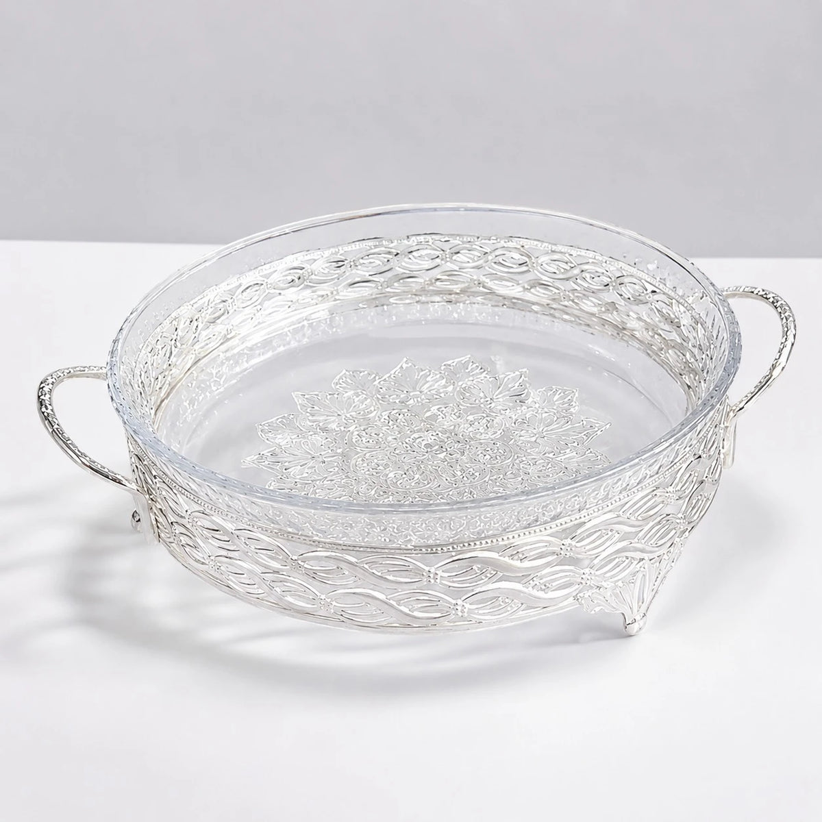 Decorative Silver Serving Tray With Glass Bowl Elegant Round Cake Fruit Dessert Display Bowl With Handles