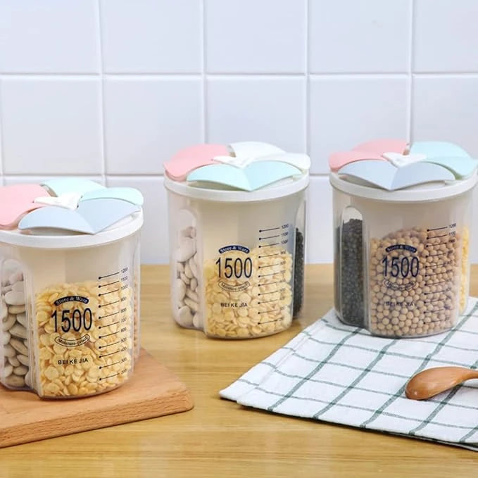 1500ml Multi-Compartment Airtight Food Storage Container with Petal-Shaped Pouring Lid for Grains Nuts Cereal and Dry Food