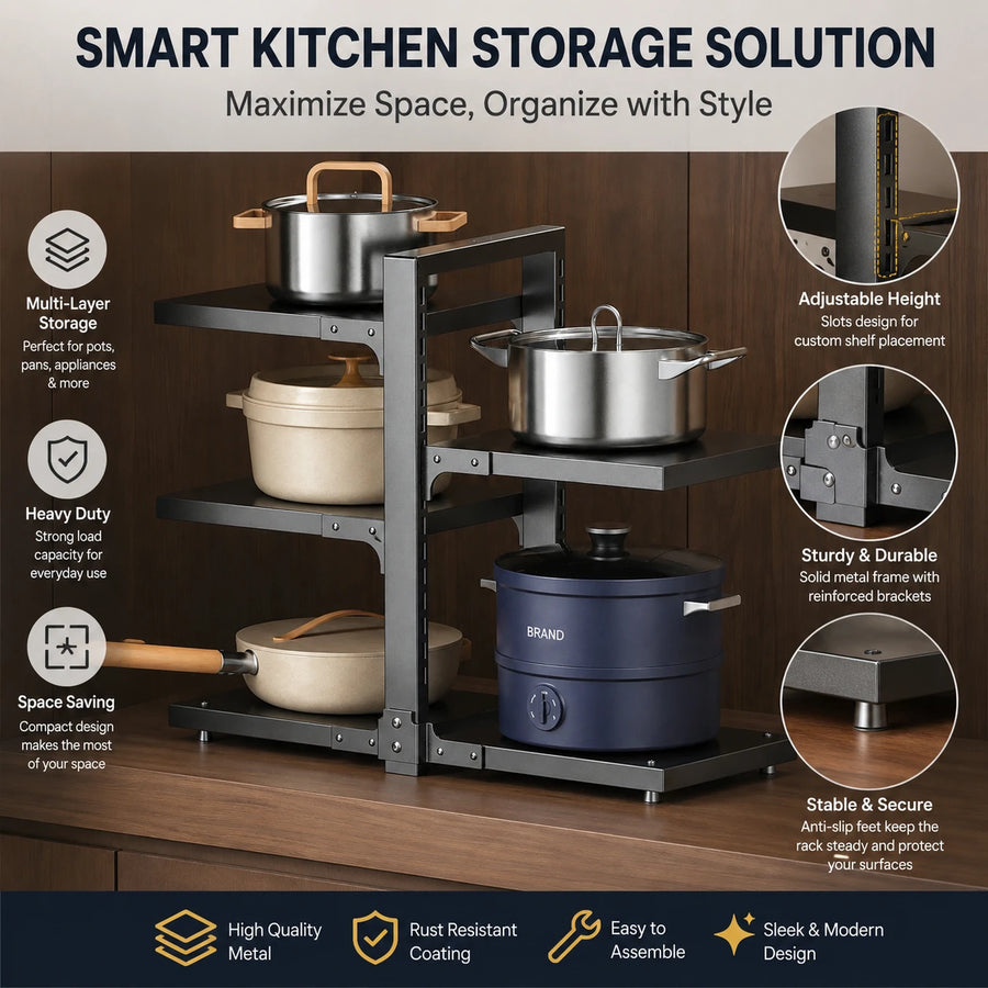 Adjustable Multi Layer Kitchen Counter Storage Rack Heavy Duty Metal Kitchen Organizer Shelf
