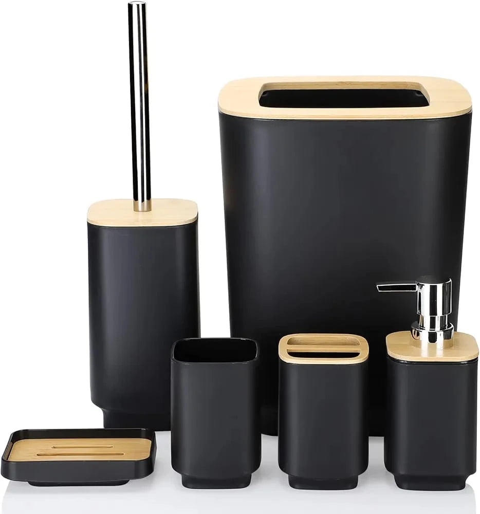 Modern Bamboo Bathroom Set, 6 Pieces Bathroom Accessories Organizer With Soap Dispenser, Toothbrush Holder, Trash Bin and Toilet Brush