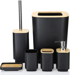 Modern 6 Piece Bamboo Bathroom Accessories Set with Trash Bin