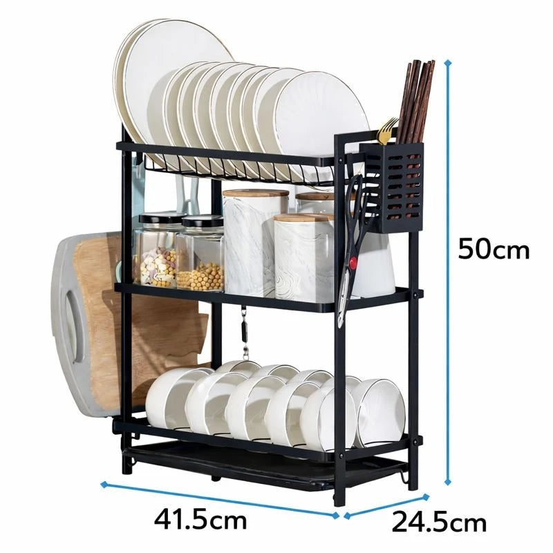 3-Level Countertop Dish Organizer Rack with Drain Tray & Utensil Basket – Black