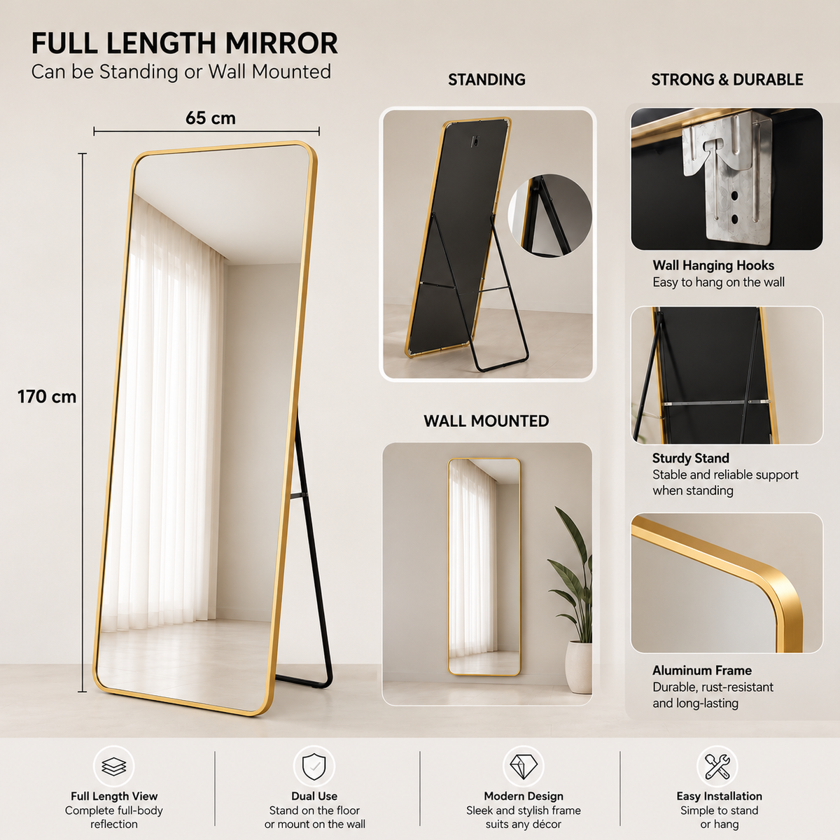 Gold Aluminum Full-Length Stand Mirror