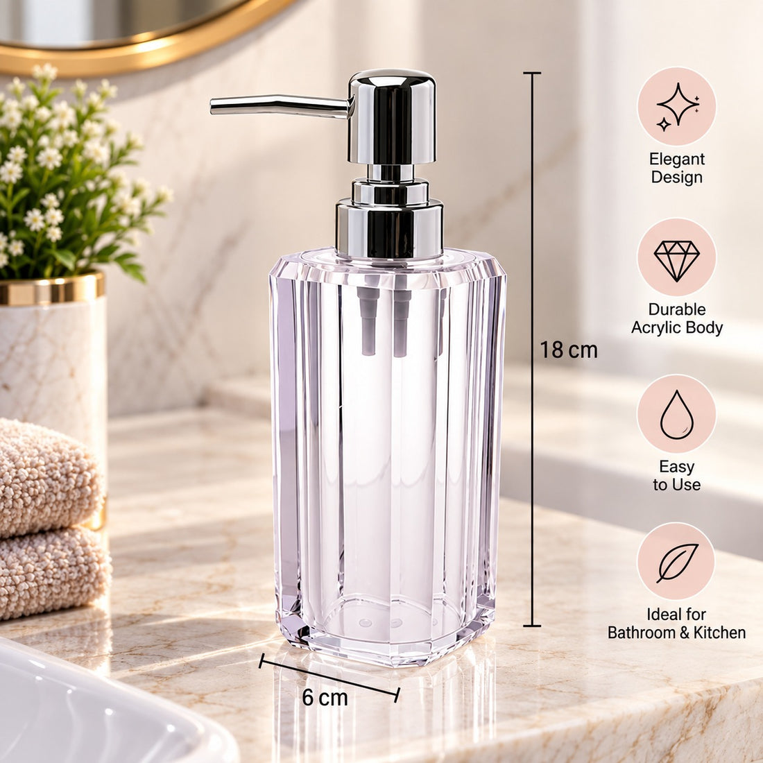 Clear Acrylic Liquid Soap Dispenser with Chrome Pump 18 cm