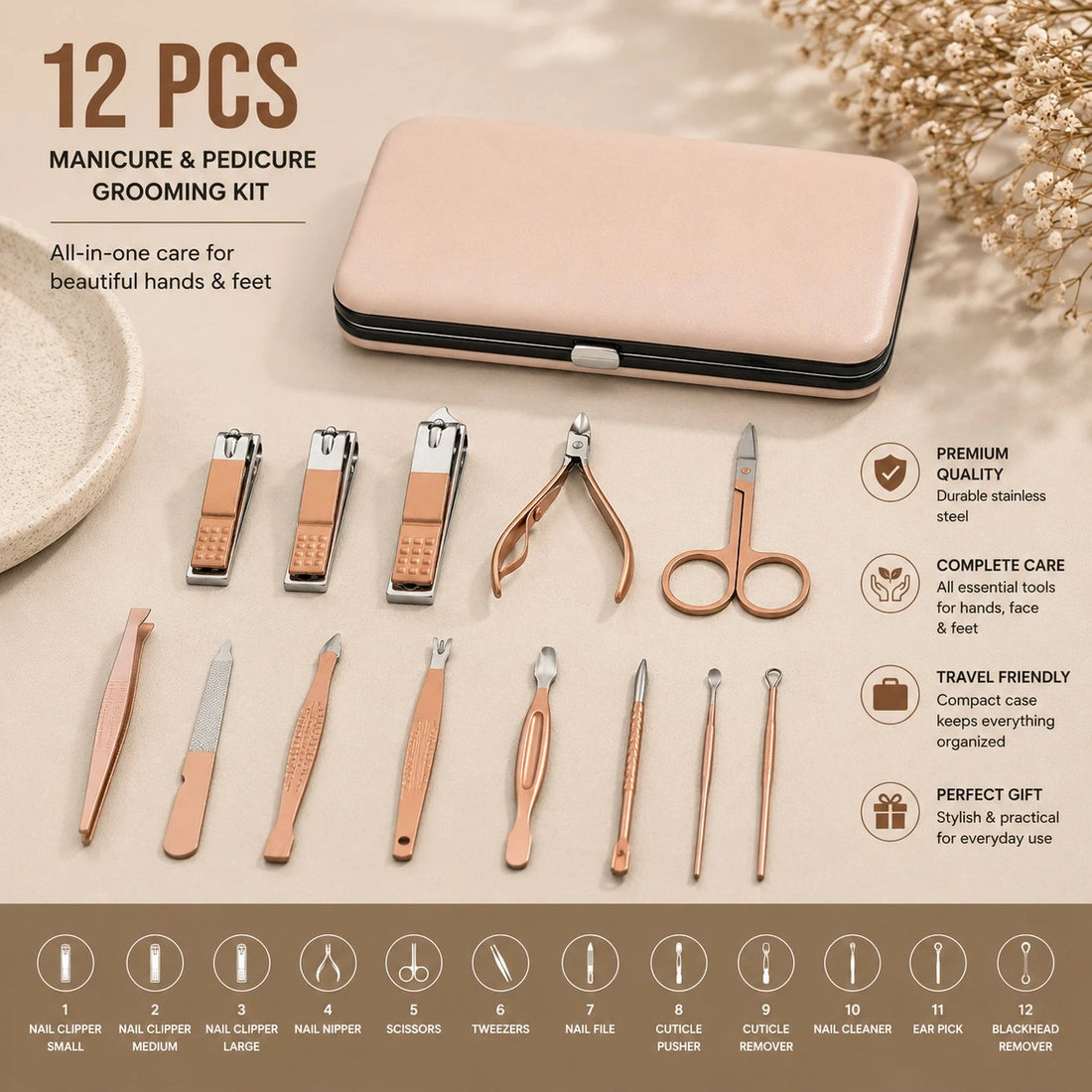 Manicure Pedicure Grooming Kit 12 PCS Rose Gold Stainless Steel Nail Care Travel Set with Portable Storage Case Professional Personal Care Tools