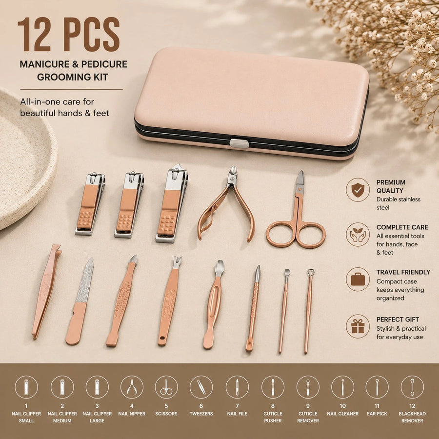 Manicure Pedicure Grooming Kit 12 PCS Rose Gold Stainless Steel Nail Care Travel Set with Portable Storage Case Professional Personal Care Tools