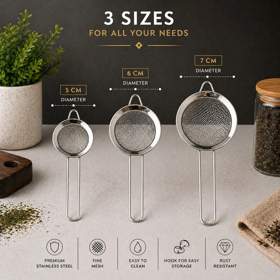 Stainless Steel Tea Strainer Set 3 Sizes Fine Mesh Kitchen Strainers 5 cm 6 cm 7 cm
