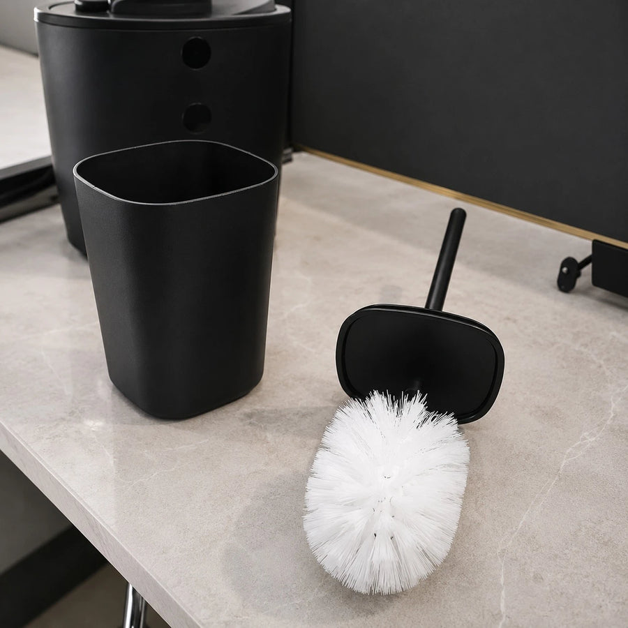 6 Piece Plastic Bathroom Accessories Set with Trash Bin Soap Dispenser Toothbrush Holder Tumbler Soap Dish and Toilet Brush | Black