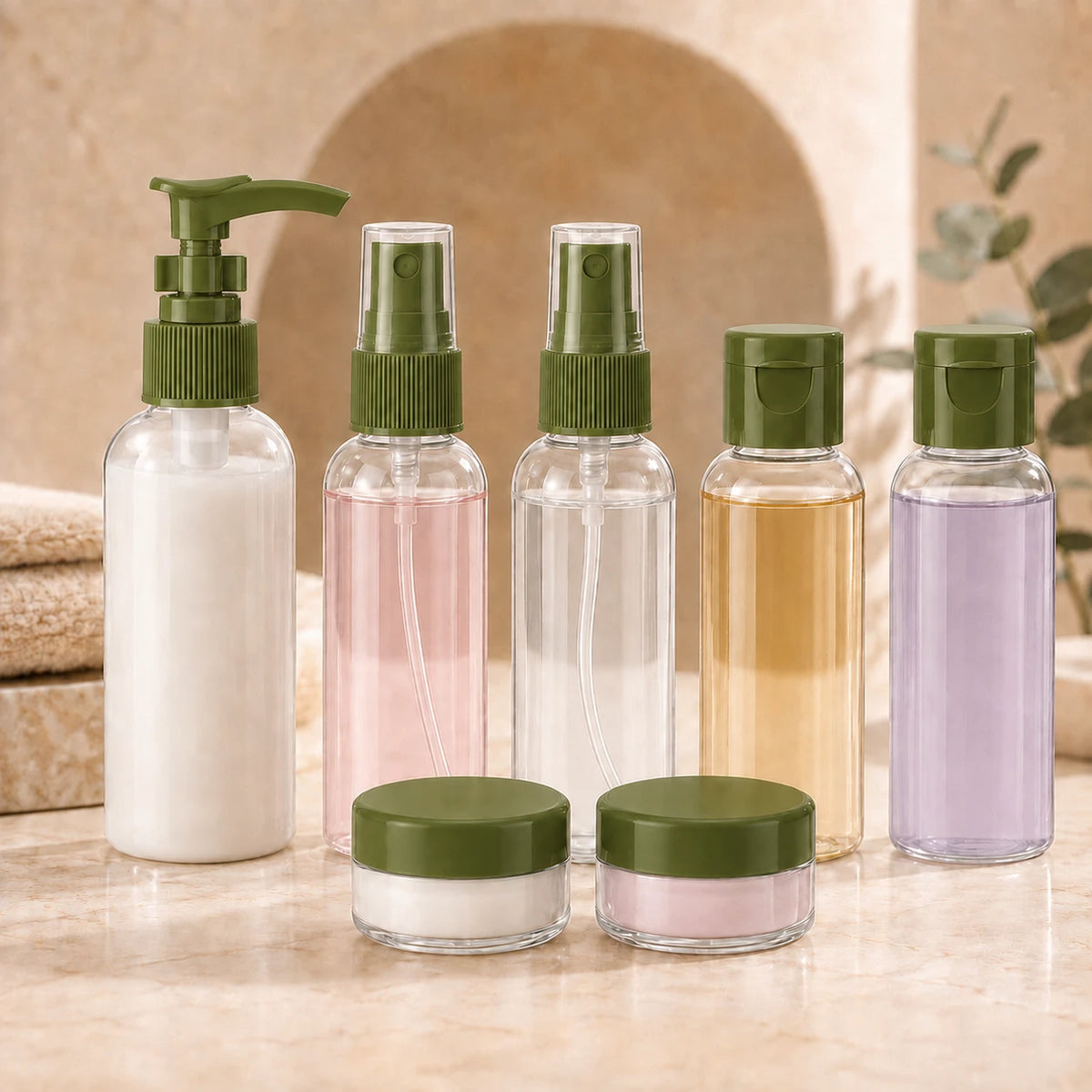 Travel Toiletry Bottles & Containers Set with Clear Carry Orange Green Pouch