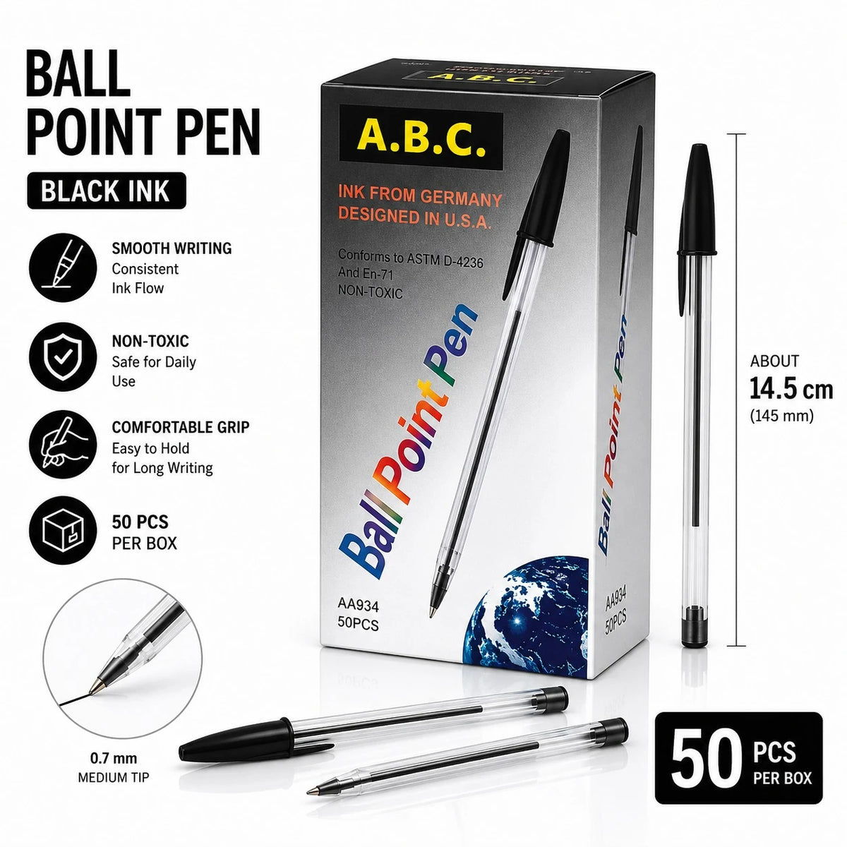 Black Ball Point Pens Box of 50 Smooth Writing Non Toxic Pens for Office School Study and Everyday Writing