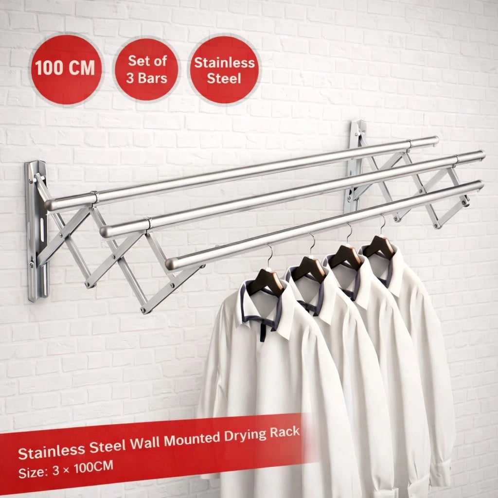 Stainless Steel Wall Mounted Drying Rack Foldable Expandable Laundry Clothes Hanger Retractable Space Saving Heavy Duty 3 Bar Clothes Airer 3 × 100CM 75CM Depth