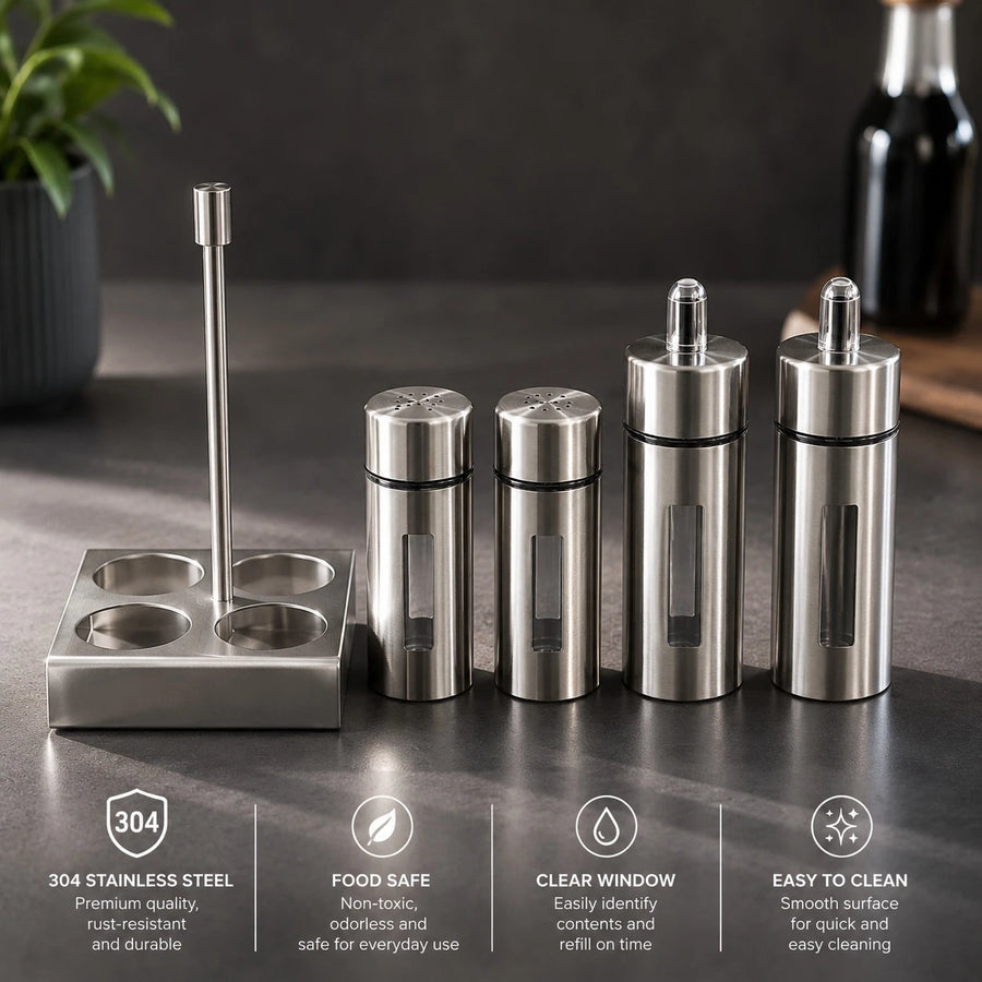 304 Stainless Steel Oil & Vinegar Bottle Set with Salt & Pepper Shakers and Holder 5 Piece Condiment Set