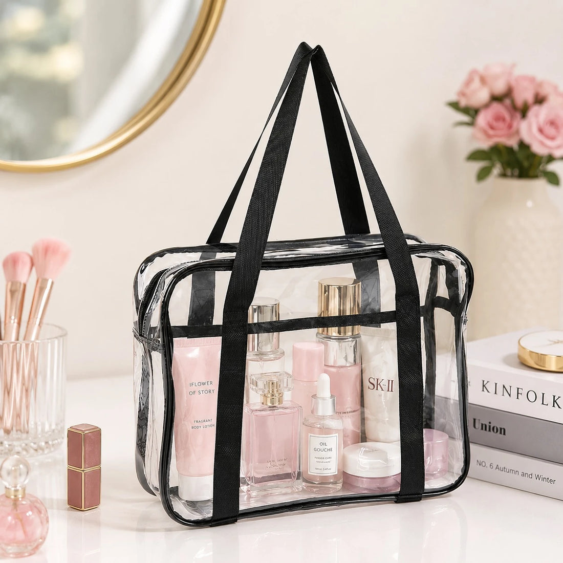 Clear Transparent Makeup & Toiletry Storage Bag with Handles & Zipper for Travel Beauty Cosmetics Organization