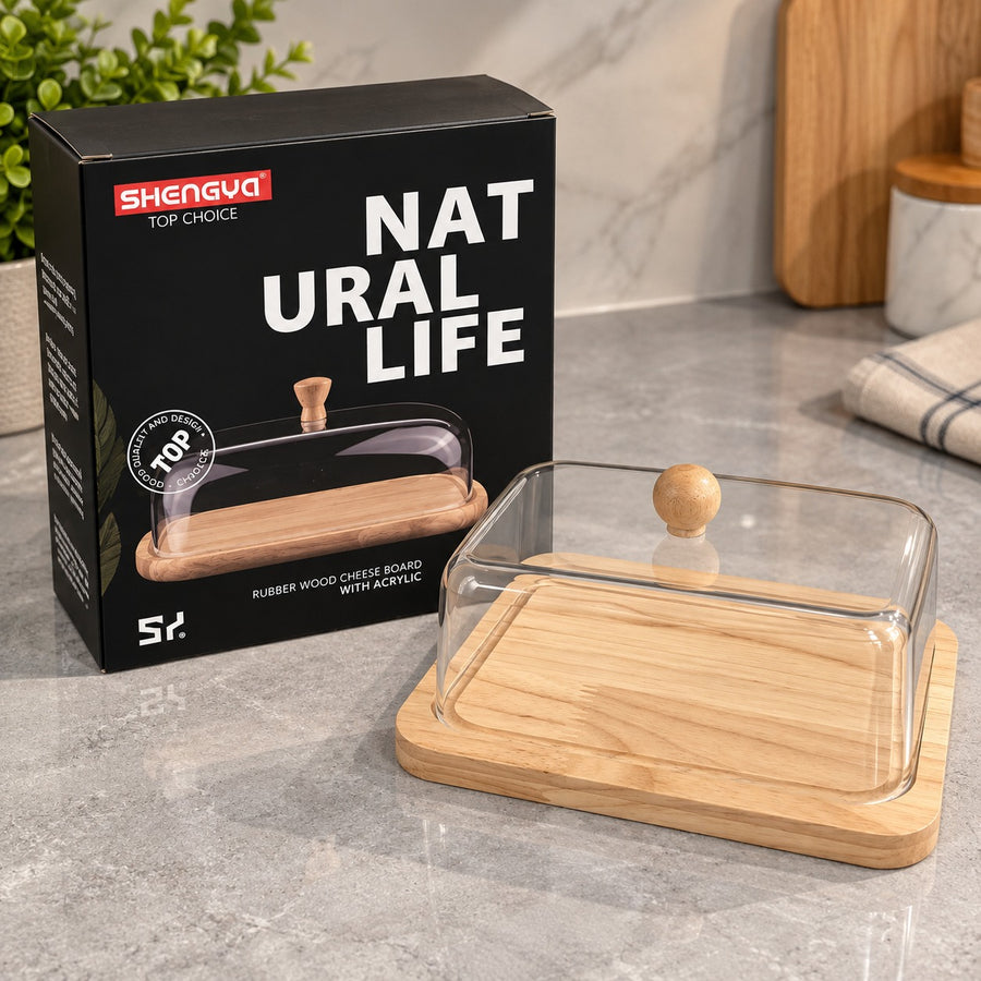 Plexiglass Butter Dish with Wooden Base & Clear Cover 15.5 × 13 cm