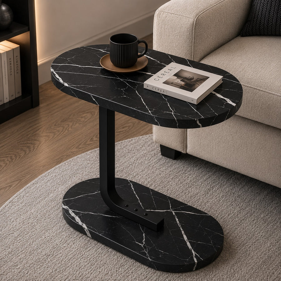 C Shaped Side Table Black Marble Sofa Bedside Table Modern Coffee Laptop Snack Table