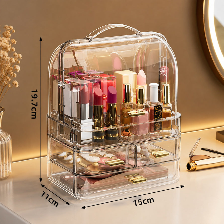 Transparent Makeup Cosmetic Organizer with Dustproof Cover Drawers Carry Handle Vanity Storage Box