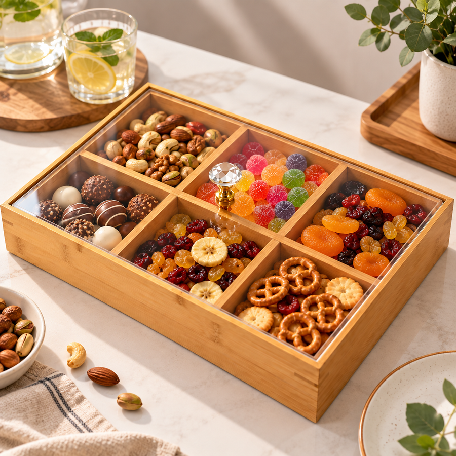 6 Compartment Bamboo Candy Box