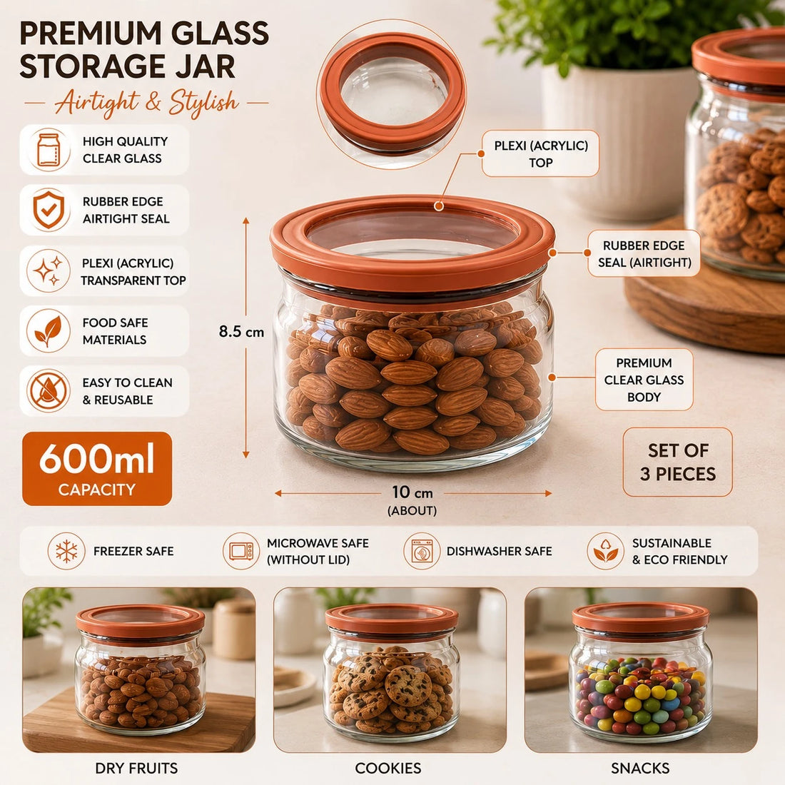 Glass Storage Jar Set Of 3 Airtight 600ML Clear Glass Food Container With Rubber Edge Plexi Top Kitchen Pantry Organizer