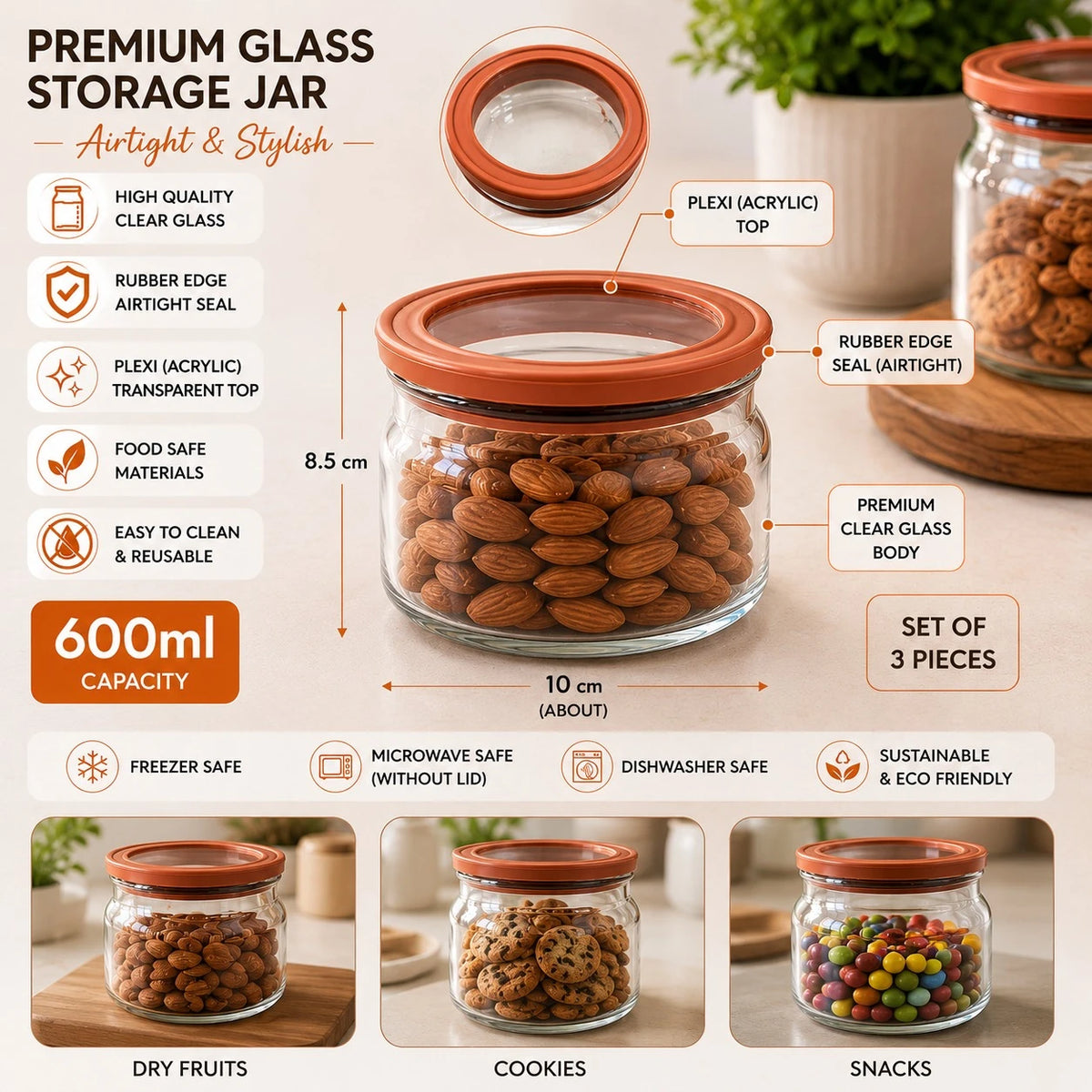 Glass Storage Jar Set Of 3 Airtight 600ML Clear Glass Food Container With Rubber Edge Plexi Top Kitchen Pantry Organizer