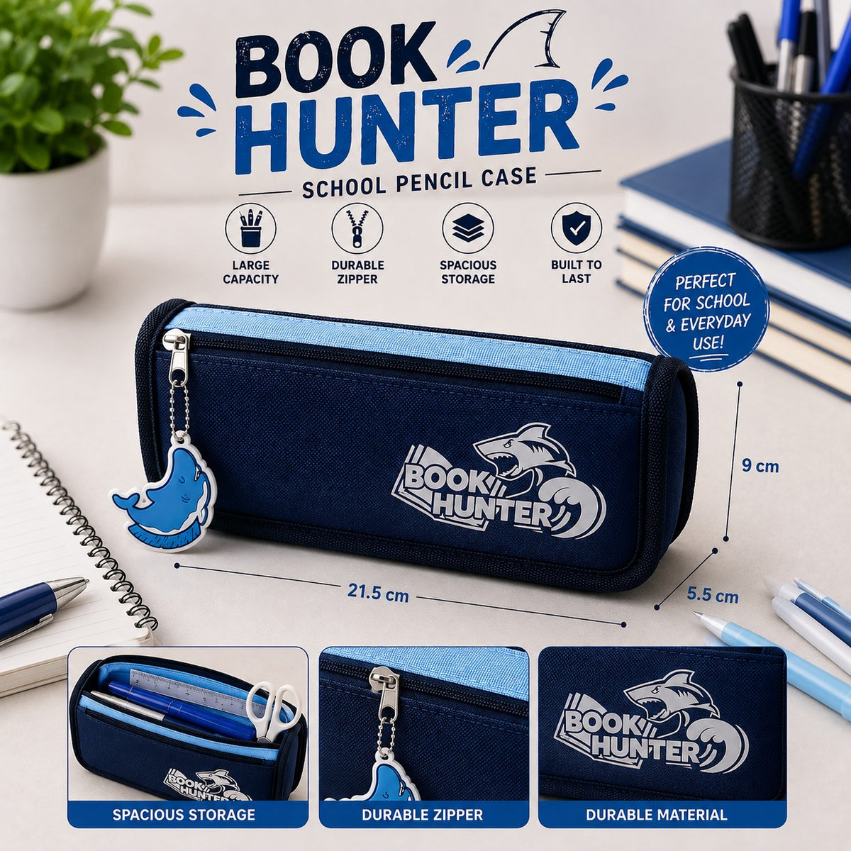 Book Hunter School Pencil Case Large Capacity Stationery Organizer with Shark Charm