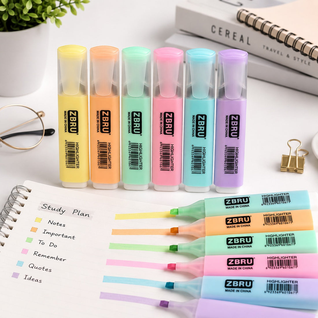 Pastel Highlighter Marker Set of 6 Chisel Tip Color Coding Pens for School Office Study Notes Planners and Journals