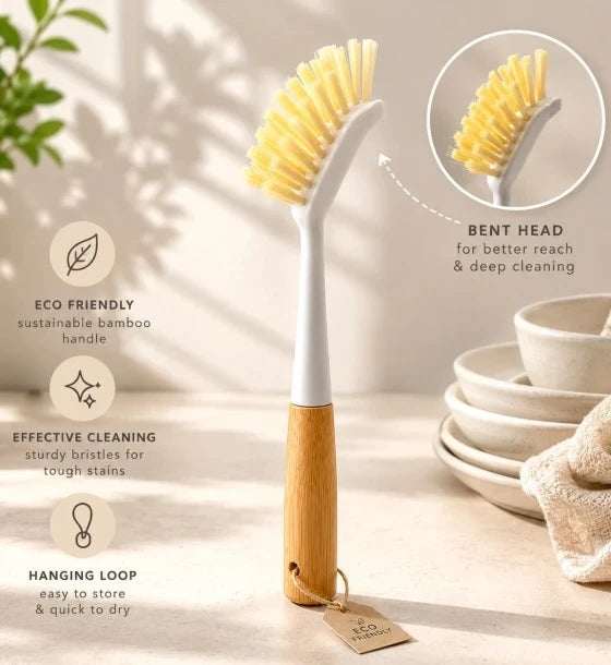 Bamboo Handle Dish Cleaning Brush with Curved Head and Hanging Loop for Kitchen Cleaning - Image 5