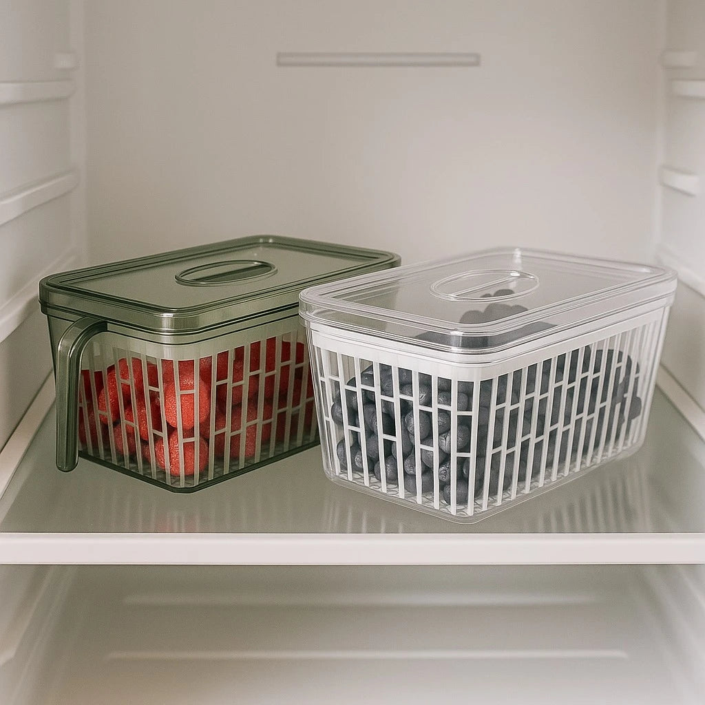 Fridge Food Drain Container Transparent and Green with Lid Fruit Vegetable Produce Meal Prep Storage Organizer - Image 2