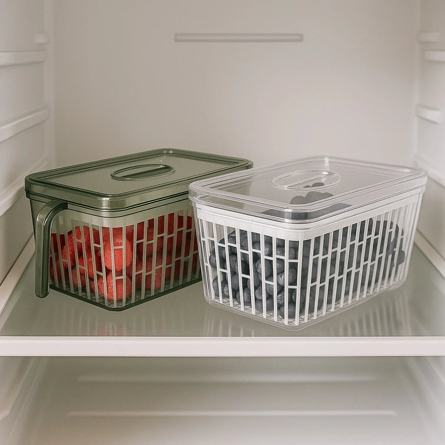 Fridge Food Drain Container Transparent and Green with Lid Fruit Vegetable Produce Meal Prep Storage Organizer