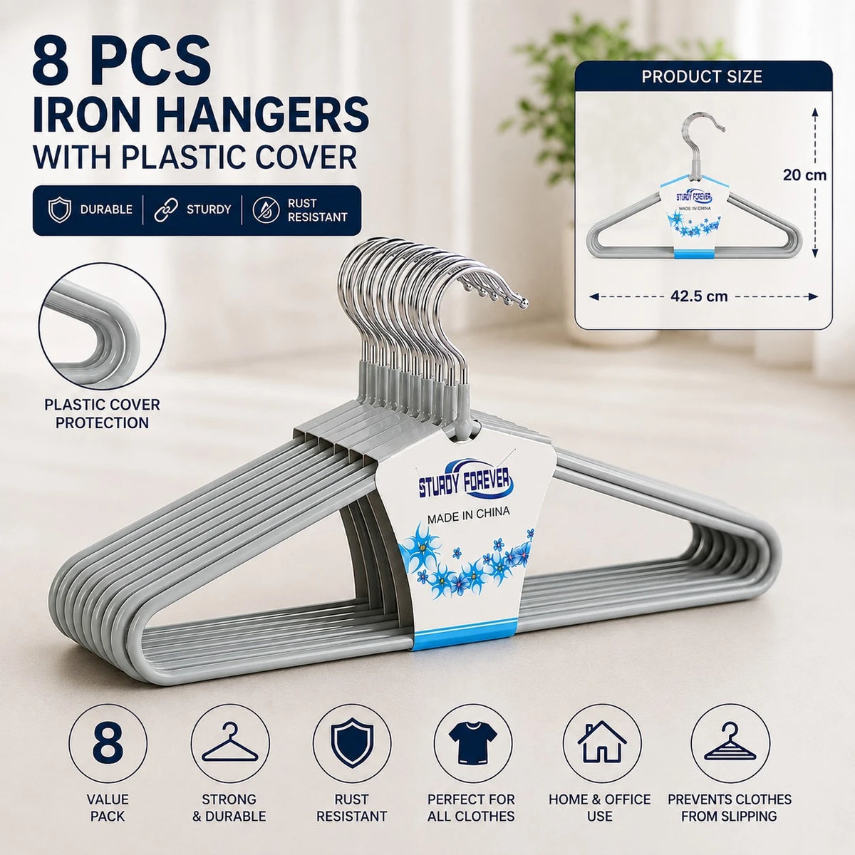 8 PCS Iron Clothes Hangers with Plastic Cover Heavy Duty Metal Wardrobe Hangers Non Slip Rust Resistant