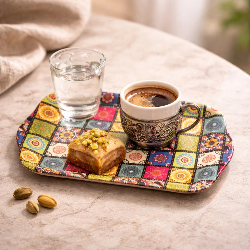 Turkish Small Serving Tray Metal Tray Mandala Ottoman Mosaic Design Coffee Breakfast Snack Tray Rectangular Decorative Tray Assorted
