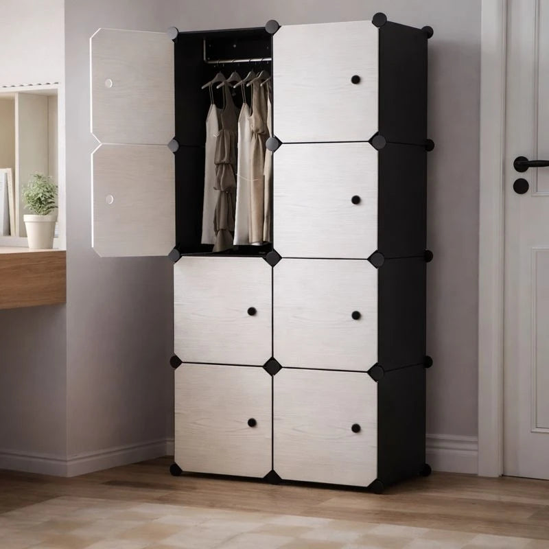 Modular 8 Cube Closet Wardrobe Storage Organizer Adjustable Plastic Clothes Cabinet Shoe Storage Unit with Hanging Rail