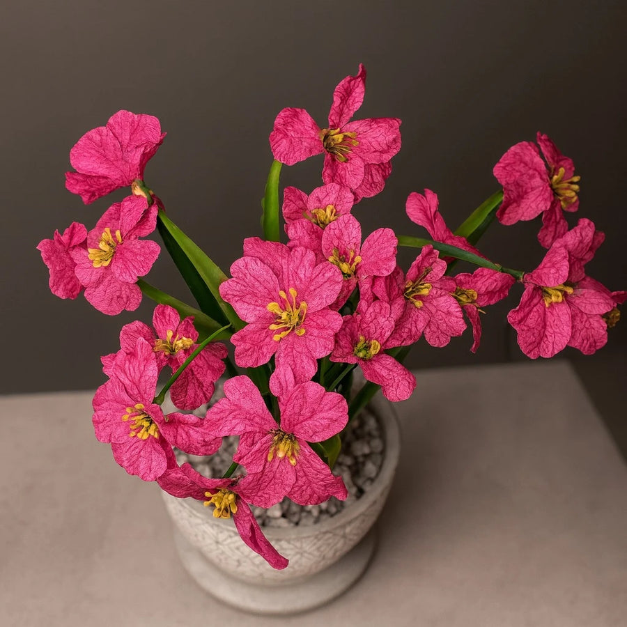Artificial Fuchsia Pink Blossom in Textured Cup Pot – 25 cm