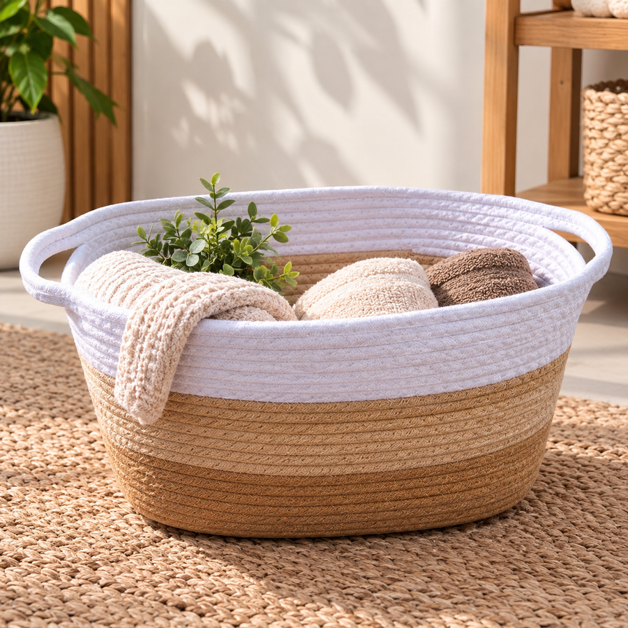 Two Tone Woven Storage Basket with Handles 42 cm
