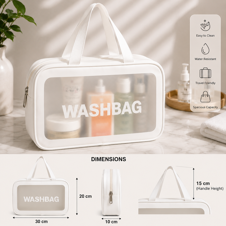 White Large Transparent Washbag Travel Toiletry Cosmetic Makeup Organizer with Handles