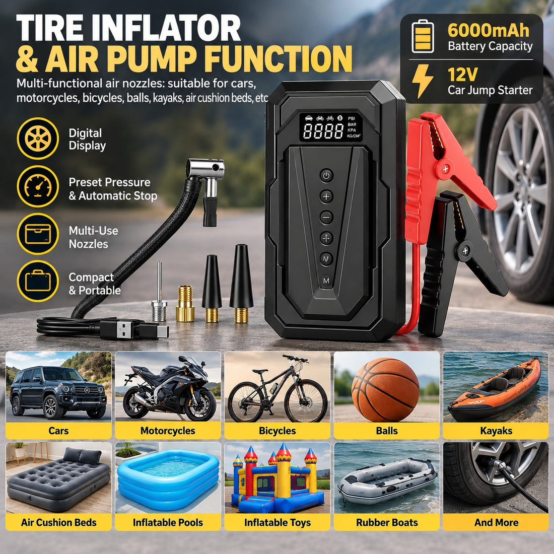 Multifunction Car Jump Starter & Tire Inflator 6000mAh