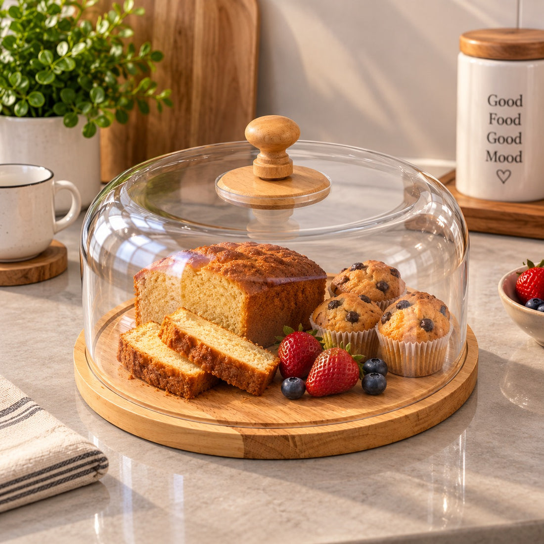 Round Cake & Cheese Serving Board with Clear Acrylic Dome and Rubber Wood Base 26 cm