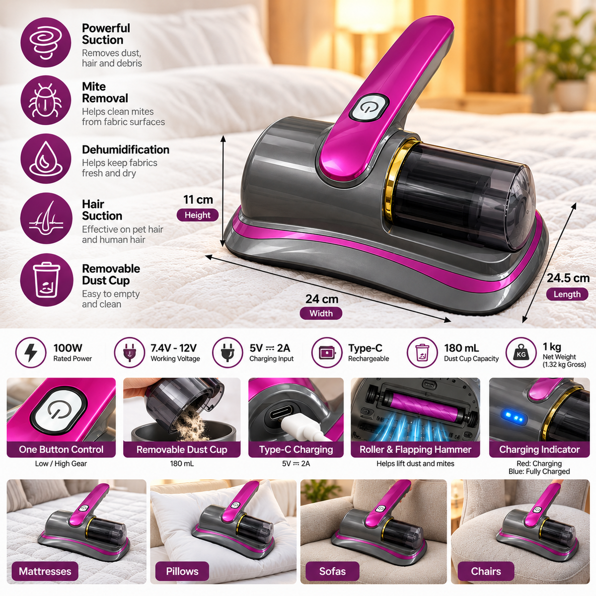 Cordless Mite Removal Vacuum Cleaner 100W