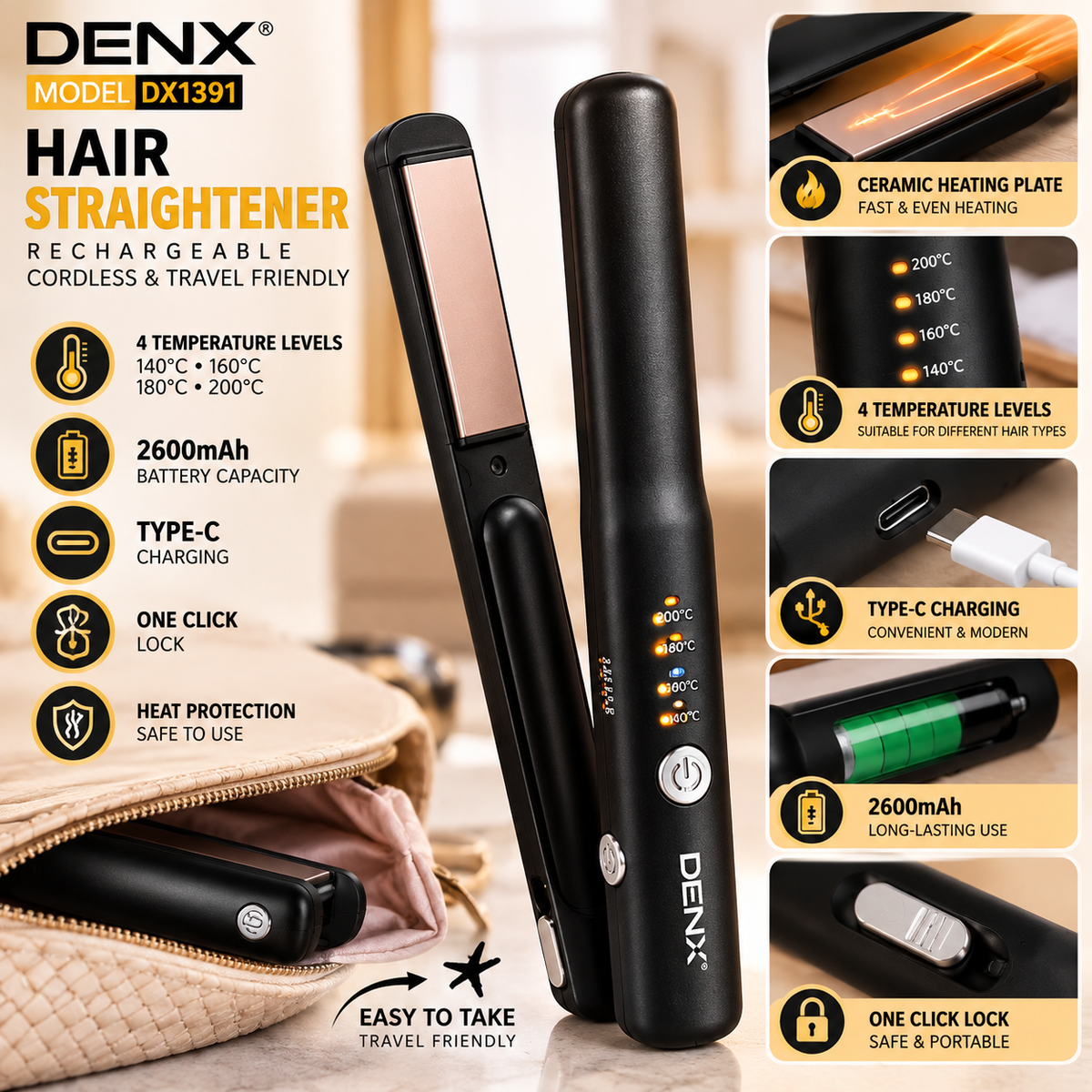 DENX Cordless Rechargeable Hair Straightener