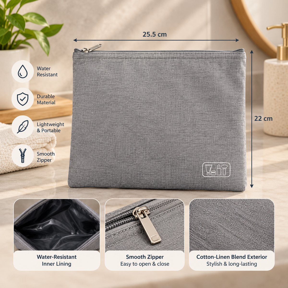 Water Resistant Cotton Linen Toiletry Pouch with Zipper