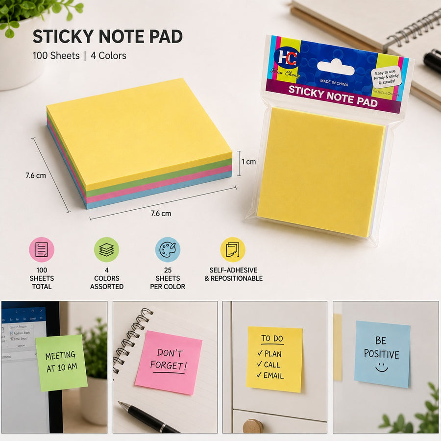 Sticky Note Pad 100 Sheets 4 Colors Self Adhesive Square Notes for Office School Study Reminders and Organization