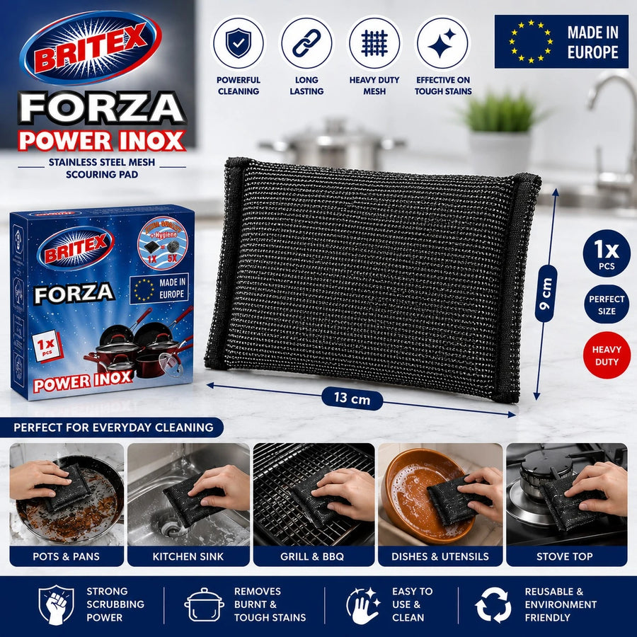 Britex Power Inox Scouring Pad Stainless Steel Mesh Scrubber Kitchen Cleaning Pad 13cm 9cm