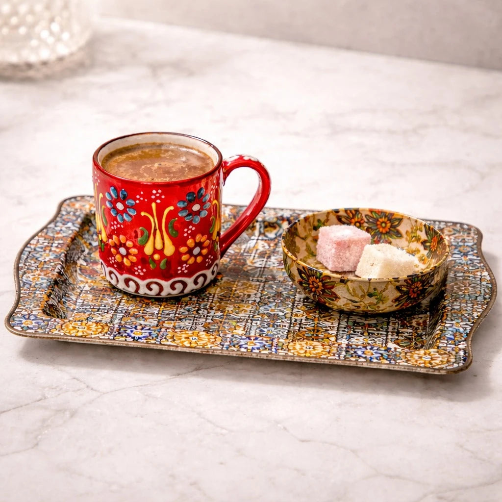 Turkish Coffee Serving Set Metal Tray Ceramic Cup Mandala Coffee Tea Serving Set Ottoman Floral Decorative Tray Set