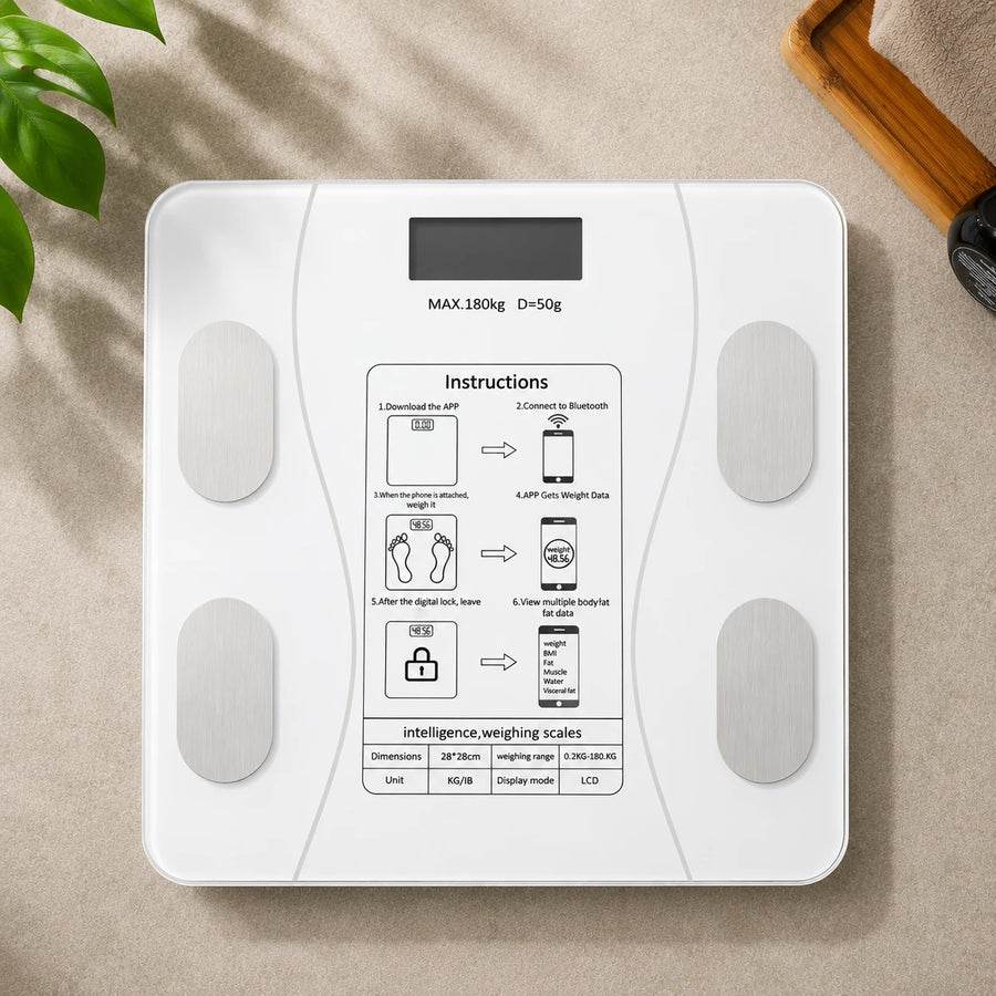 Balance Weight Measure Bluetooth Body Fat Smart Scale Digital Bathroom Scale LCD Display Tempered Glass Rechargeable Health Analyzer White