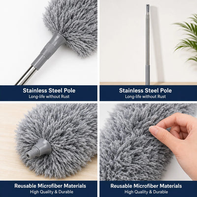 Extendable Microfiber Feather Duster Stainless Steel Dust Cleaner Telescopic Ceiling Fan Duster Reusable Washable Cleaning Brush