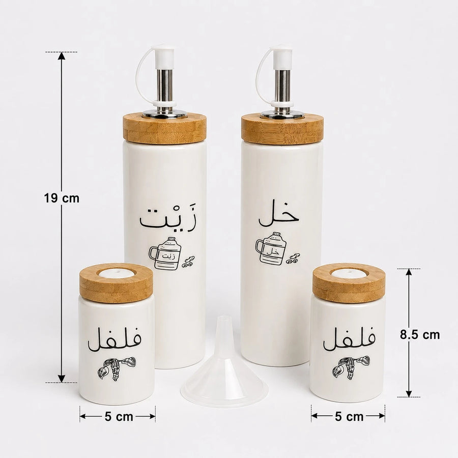 Porcelain Oil Vinegar Salt And Pepper Set Bamboo Holder Kitchen Condiment Organizer Dispenser