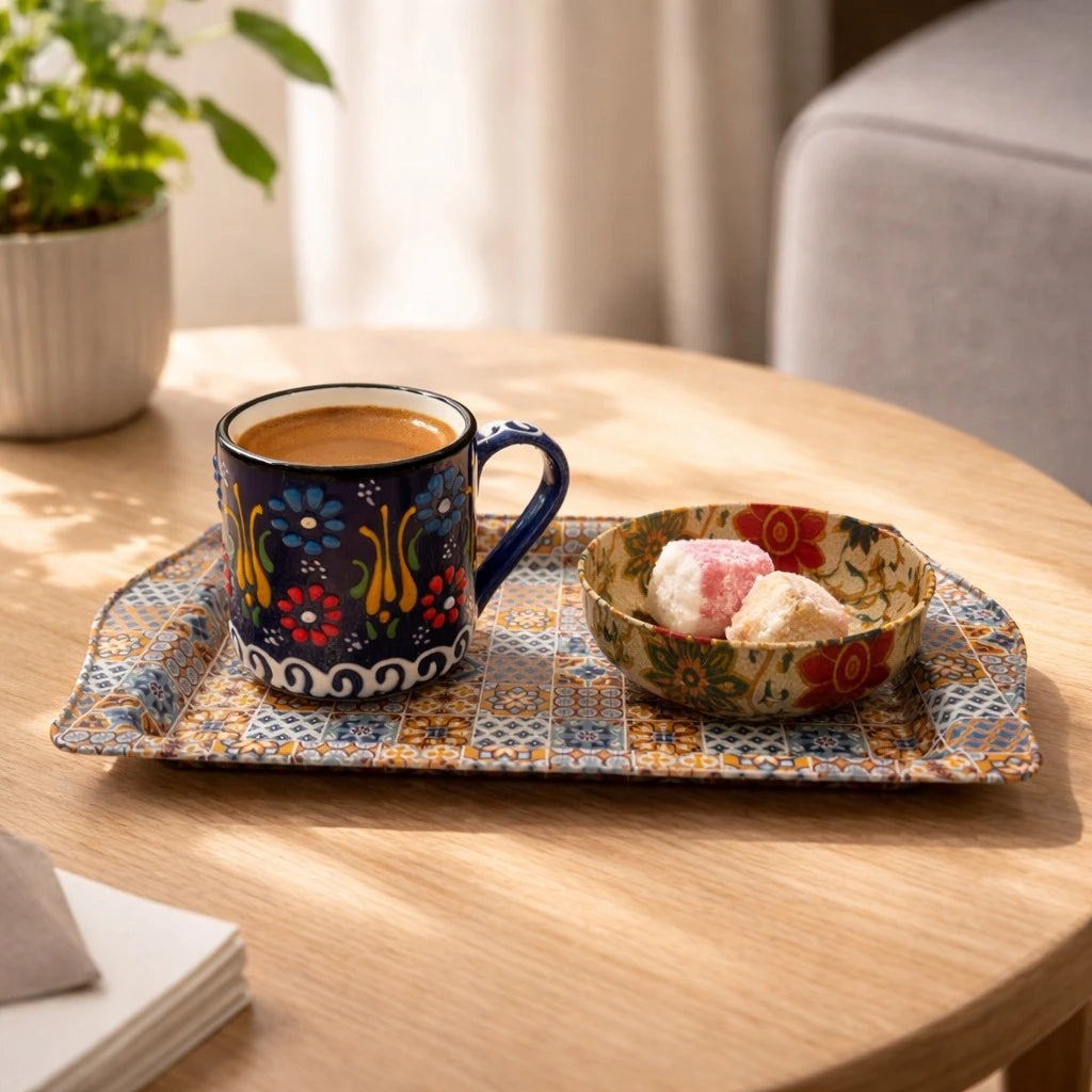 Turkish Coffee Serving Set with Metal Mandala Tray & Ceramic Cup