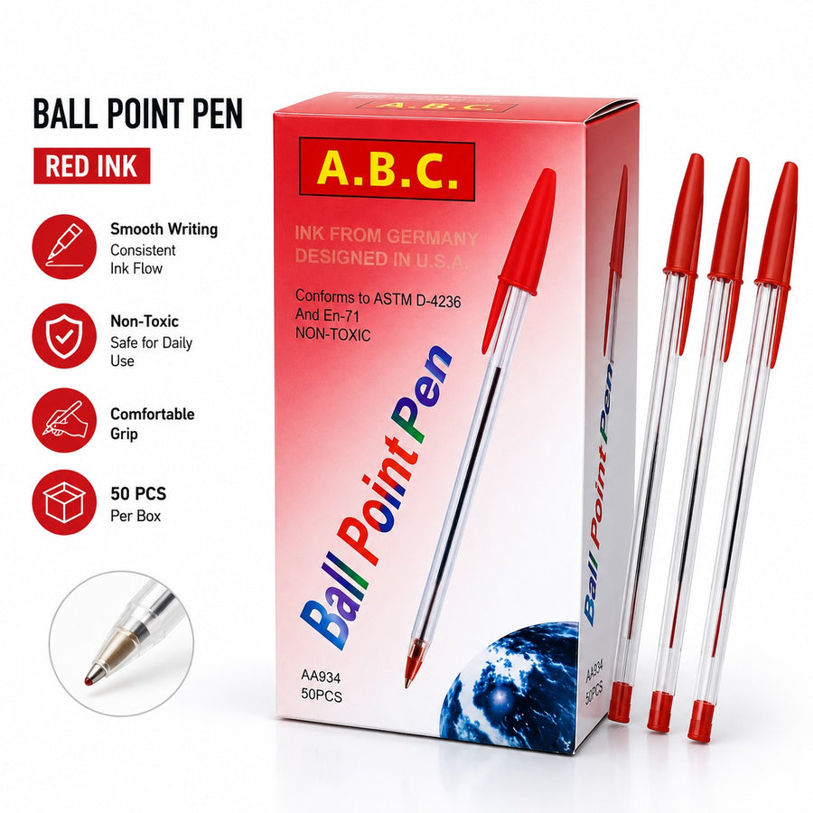 Red Ball Point Pens Box of 50 Smooth Writing Non Toxic Pens for Office School Study and Everyday Writing
