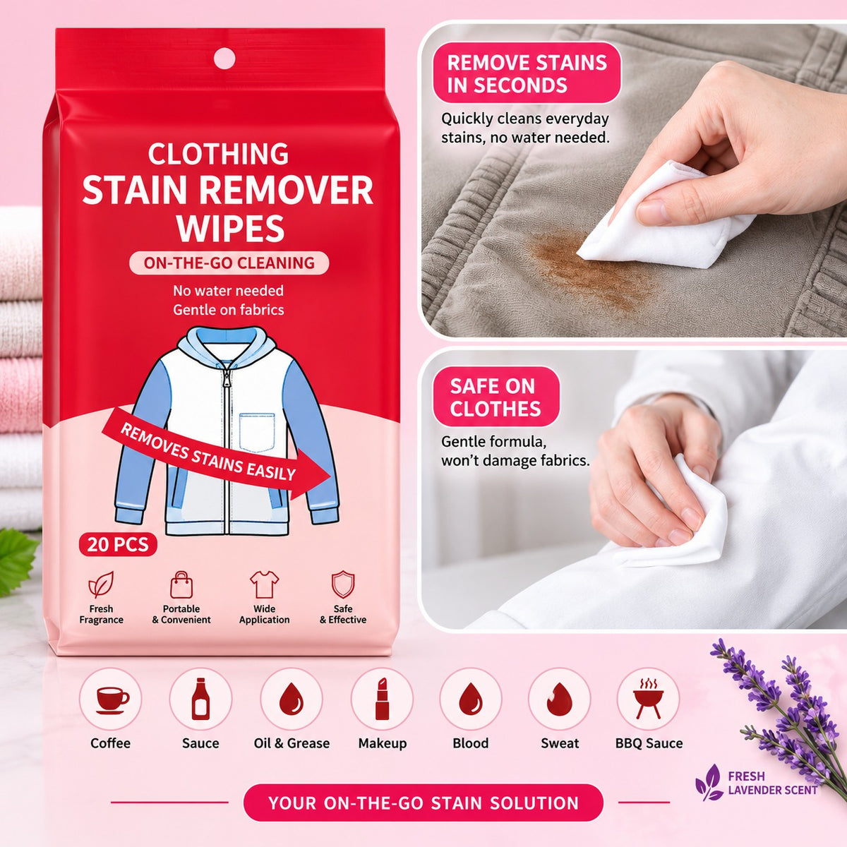 Clothing Stain Remover Wipes Portable 64 PCS